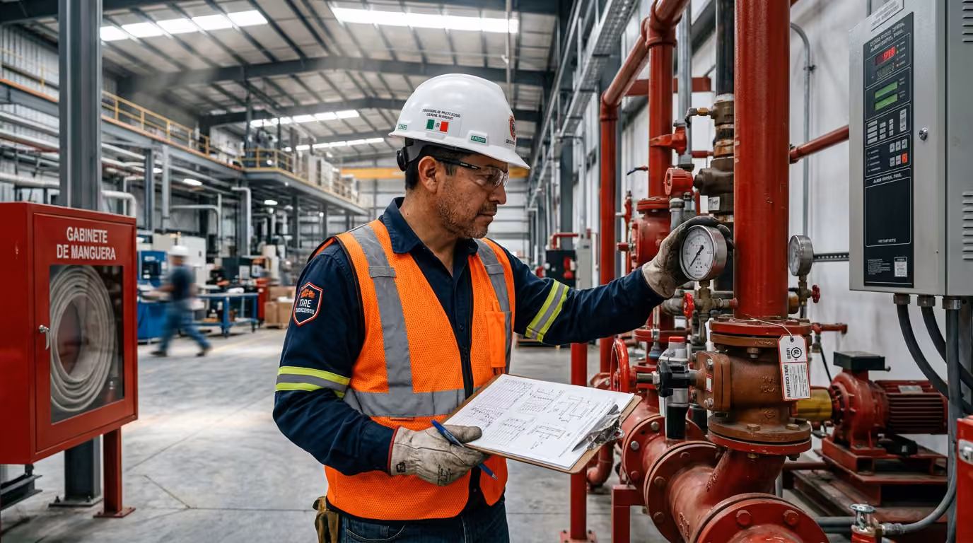 Bombero con detector de gas multigás MSA Altair en la zona de respiración — monitoreo de CO y O2 en estructura