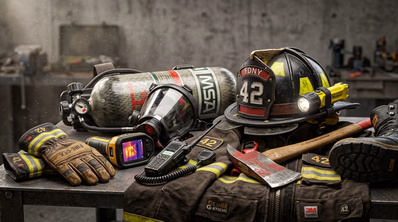 Bombero en estructura con humo denso usando linterna de casco y linterna de mano — iluminación táctica profesional