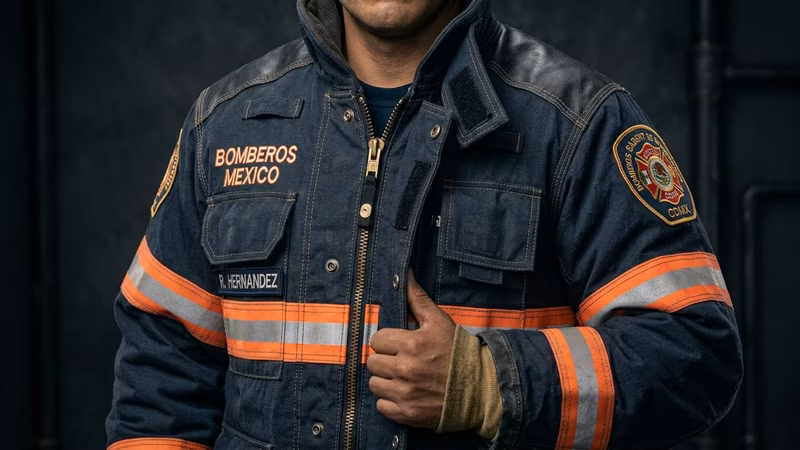 Bombero revisando chaqueta estructural NFPA — inspección y vida útil del traje