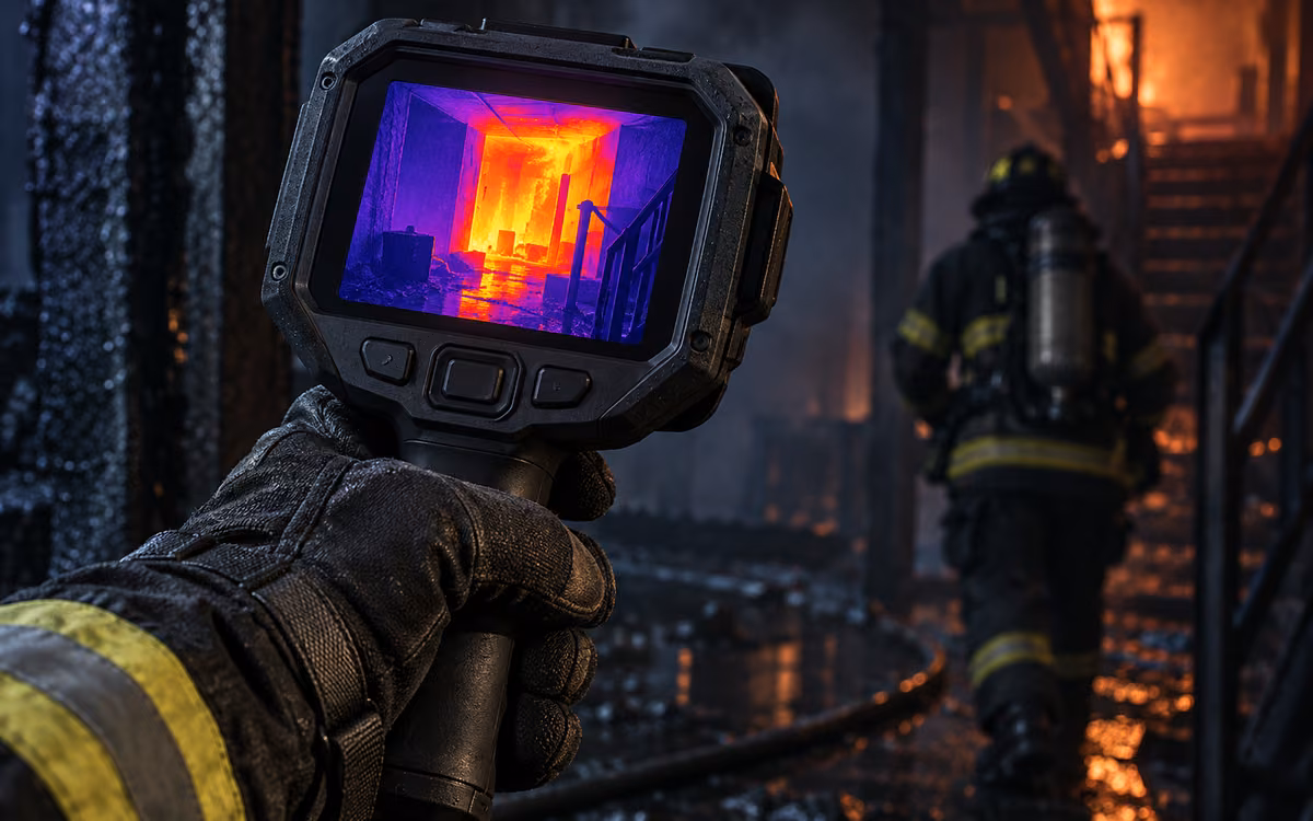 Cámara térmica para bomberos mostrando imagen de calor en pantalla