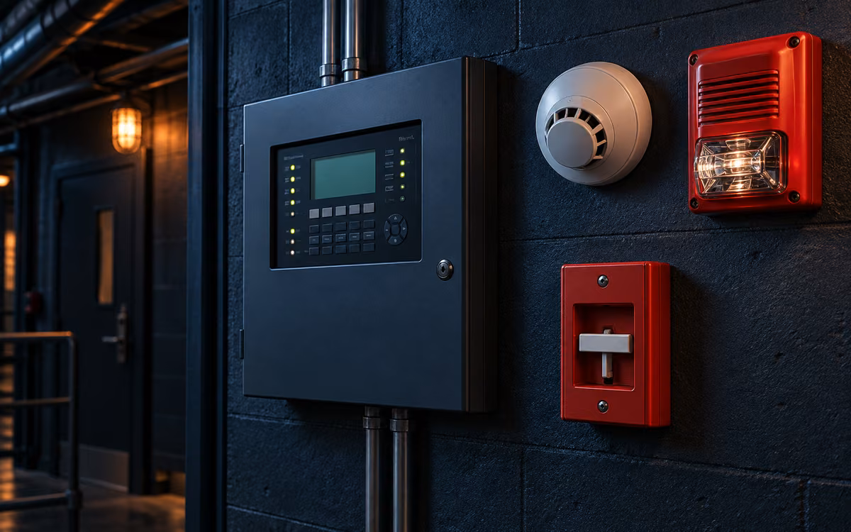 Panel de alarma contra incendio con detector de humo, estación manual y estrobo
