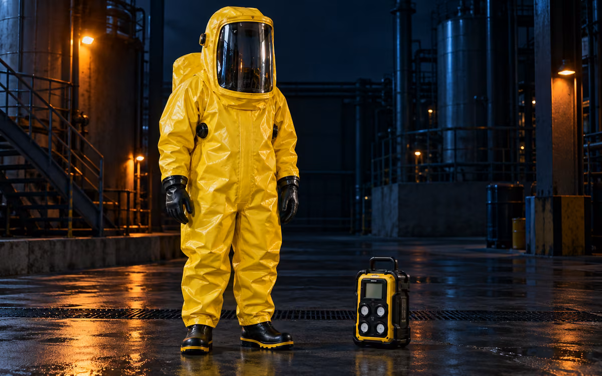 Traje encapsulado de protección química nivel A y detector de gas portátil