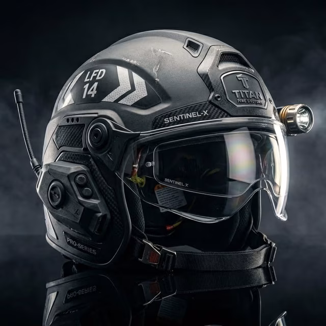 Ilustración técnica de casco estructural para bombero certificado NFPA 1970 con visor abatible y banda reflejante