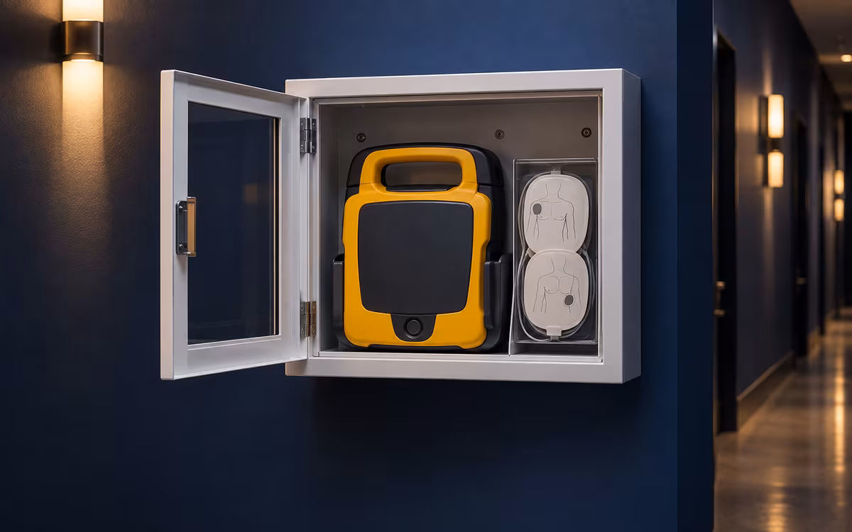 Desfibrilador externo automático en gabinete de emergencia