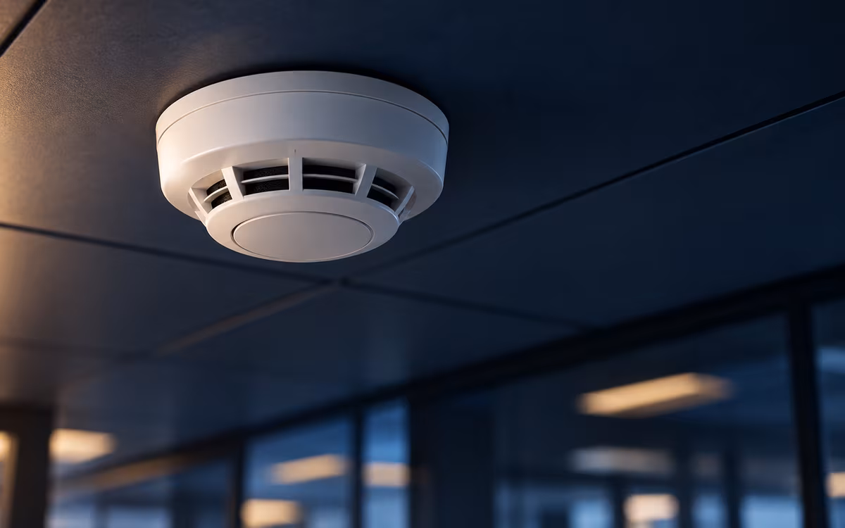 Detector autónomo de humo instalado en plafón blanco