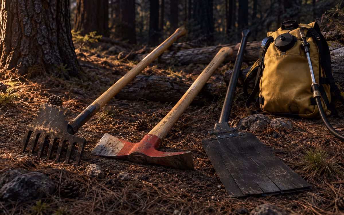 Herramientas manuales y bomba de mochila para incendio forestal