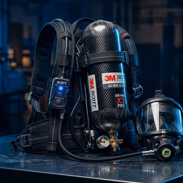 Ilustración técnica de equipo de respiración autónoma SCBA con cilindro de 4500 psi, máscara y manómetro