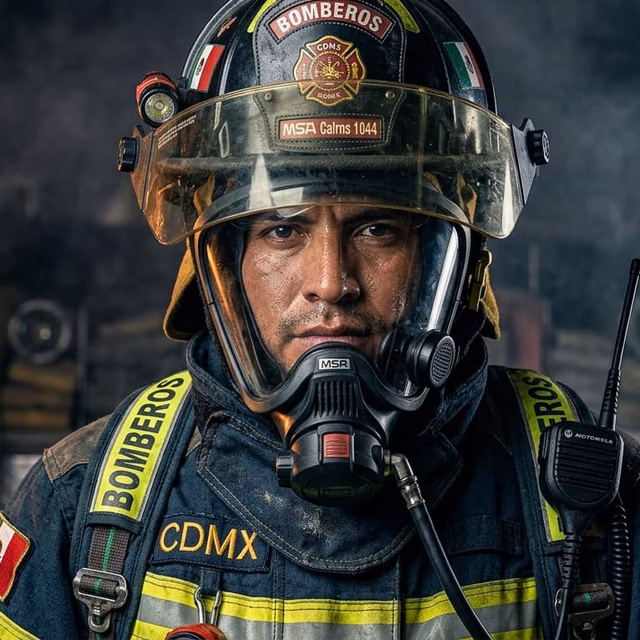 Ilustración técnica de traje HAZMAT Nivel A encapsulado certificado NFPA 1990 con visor y guantes químicos