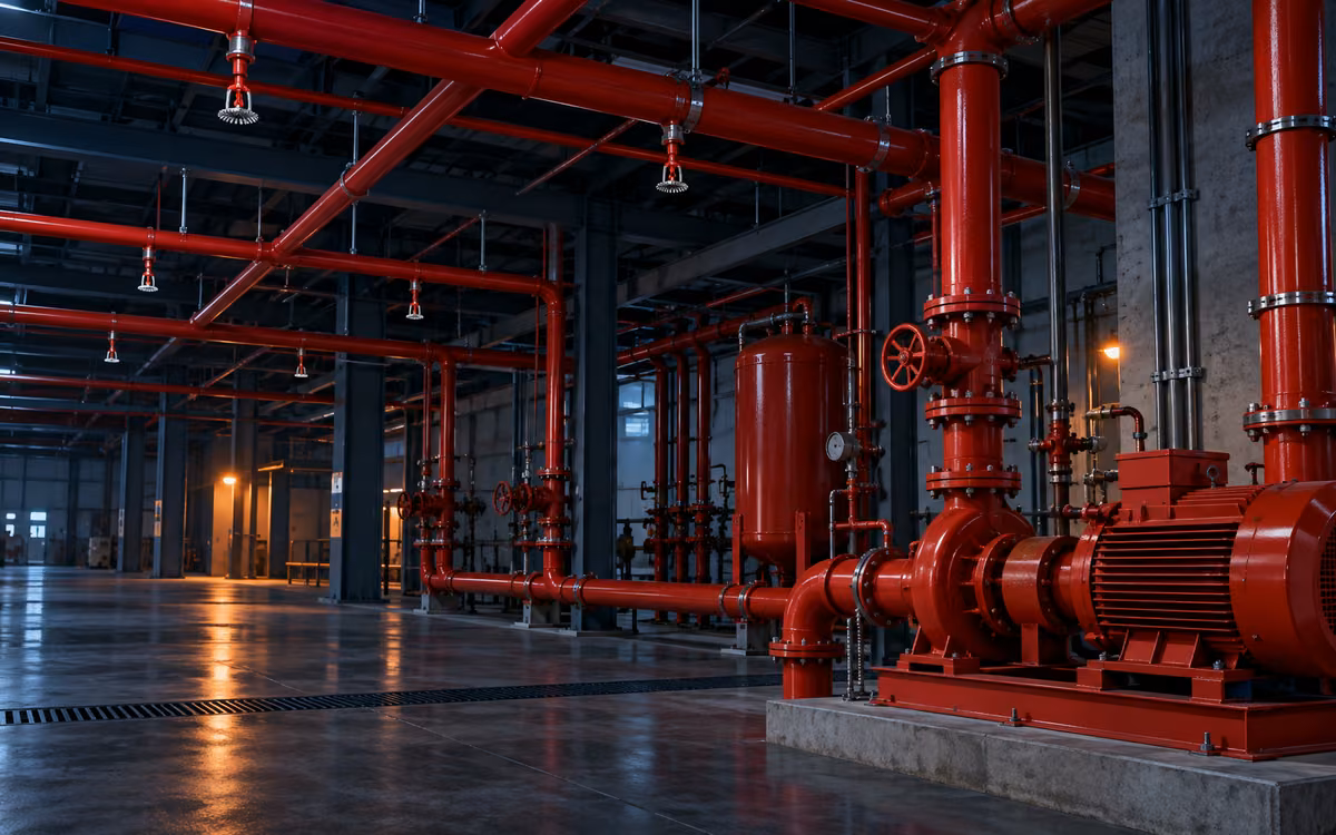 Red de tubería de rociadores y bomba contra incendio en una nave industrial