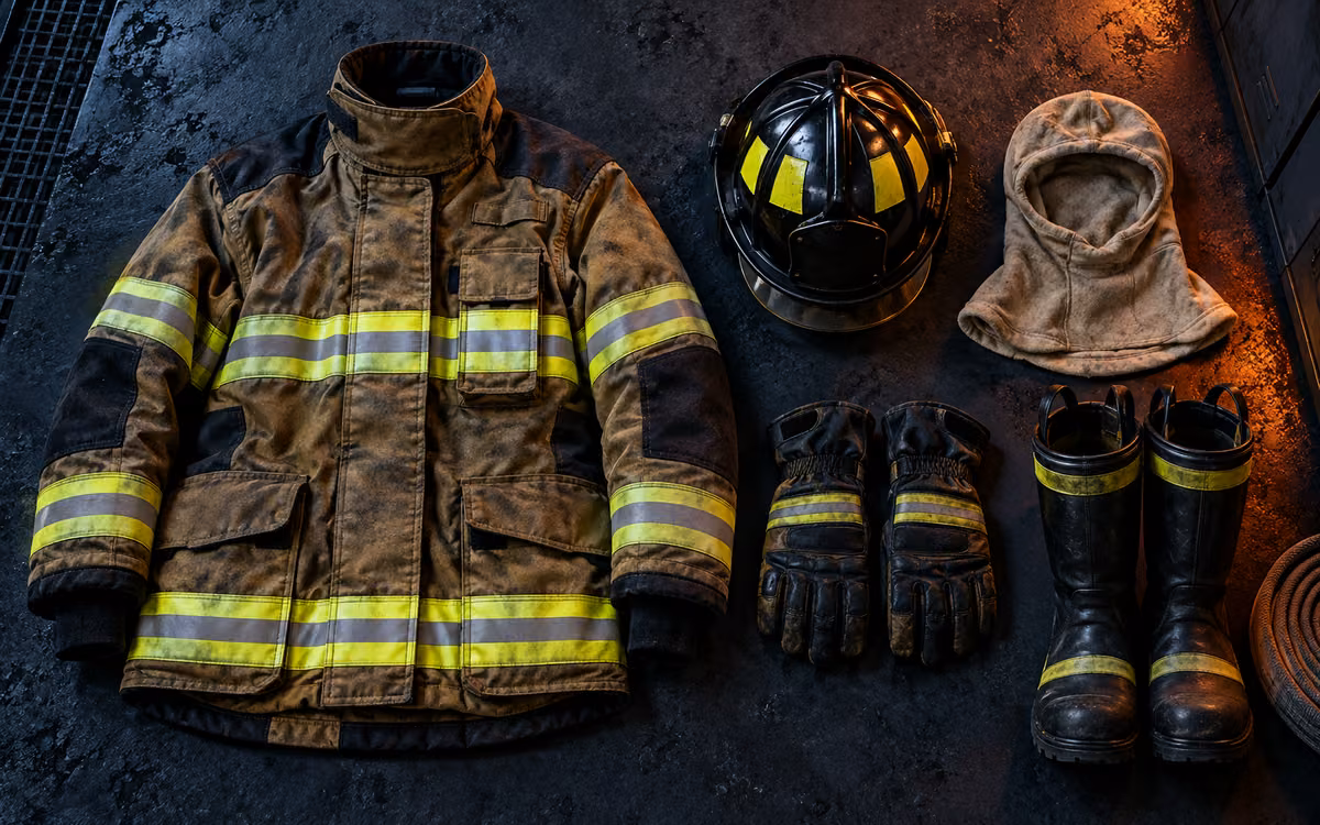 Equipo de protección personal para bombero: chaquetón, casco, guantes y botas