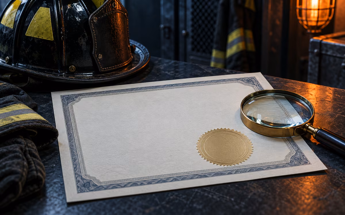 Certificado técnico junto a un casco de bombero