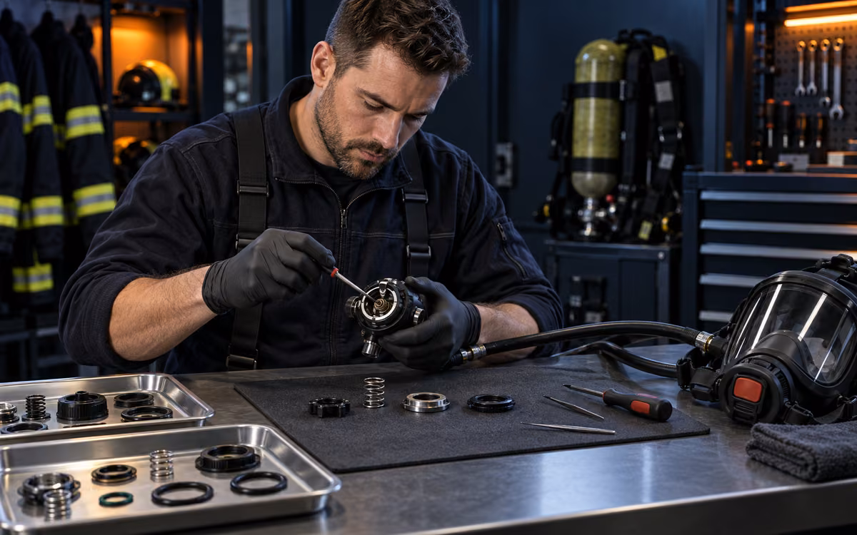 Técnico dando servicio a un regulador de equipo de respiración