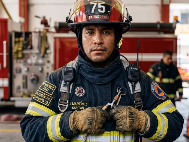 Bombero en acción respondiendo emergencia con equipo NFPA certificado