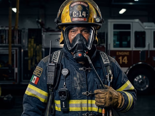 Bombero uniformado con equipo estructural completo NFPA México