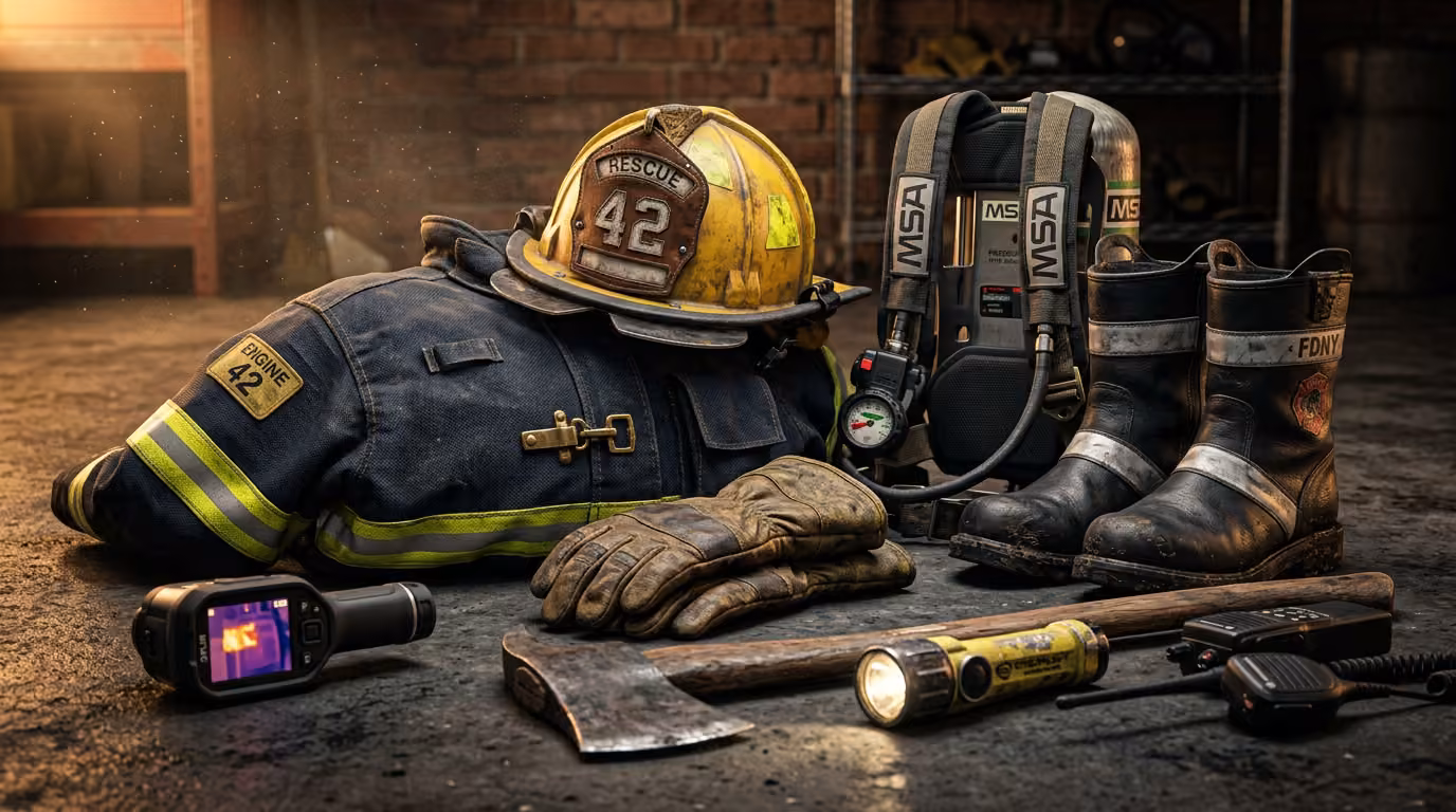 Bombero equipado con SCBA NFPA 1970 en acceso a edificio en llamas