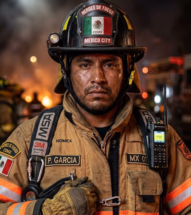 Brigadistas contra incendio en planta industrial con equipo de protección
